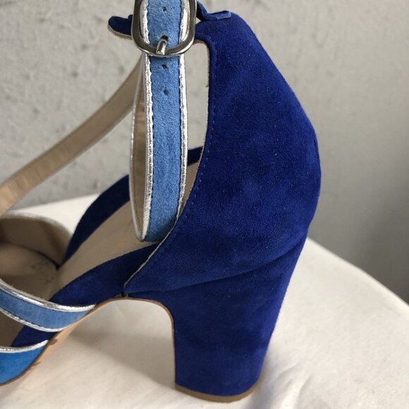 Mavette Shoes Womens 7.5 Blue Suede Nala D'orsay Pump Round Toe  Silver Piping - Picture 9 of 16